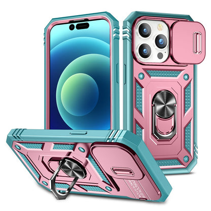 For iPhone 15 Pro Max Kickstand Case Card Holder PC+TPU Phone Cover with Sliding Camera Protection