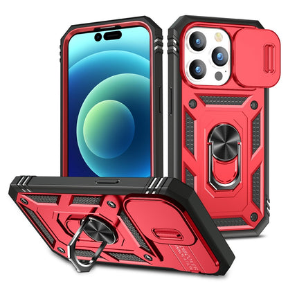 For iPhone 15 Pro Max Kickstand Case Card Holder PC+TPU Phone Cover with Sliding Camera Protection