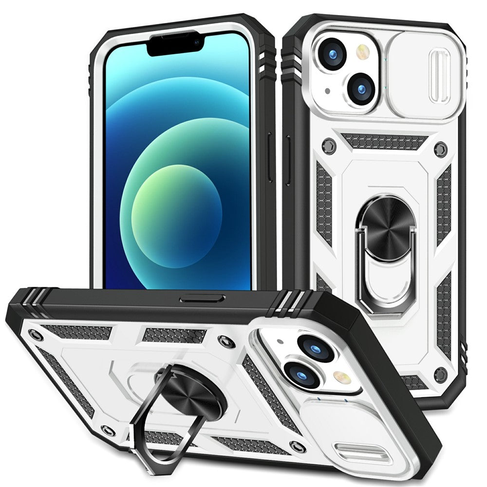 For iPhone 15 Kickstand Phone Case PC+TPU Sliding Camera Protection Cover with Card Slot