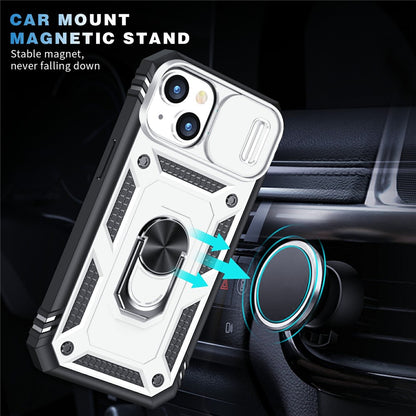 For iPhone 15 Kickstand Phone Case PC+TPU Sliding Camera Protection Cover with Card Slot