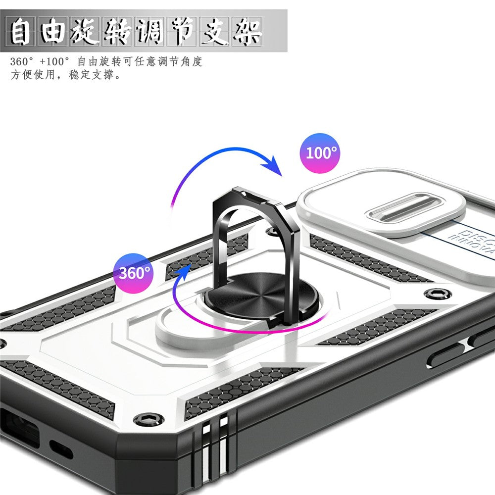 For iPhone 15 Kickstand Phone Case PC+TPU Sliding Camera Protection Cover with Card Slot