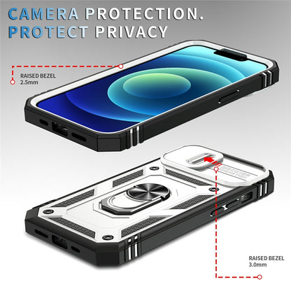 For iPhone 15 Kickstand Phone Case PC+TPU Sliding Camera Protection Cover with Card Slot