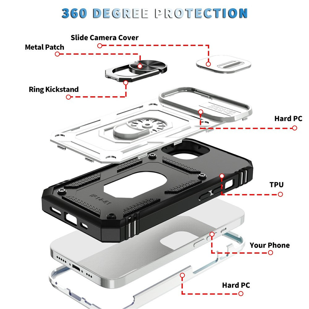 For iPhone 15 Kickstand Phone Case PC+TPU Sliding Camera Protection Cover with Card Slot