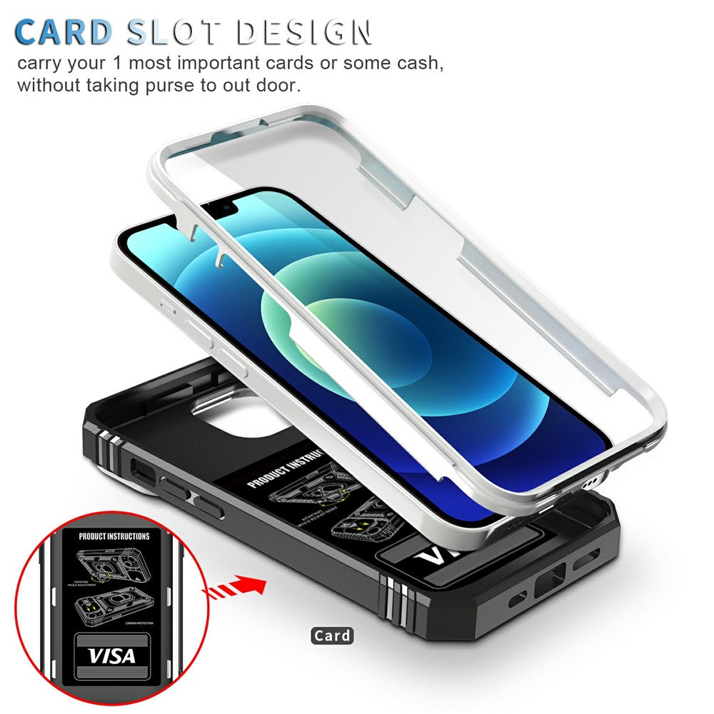 For iPhone 15 Kickstand Phone Case PC+TPU Sliding Camera Protection Cover with Card Slot