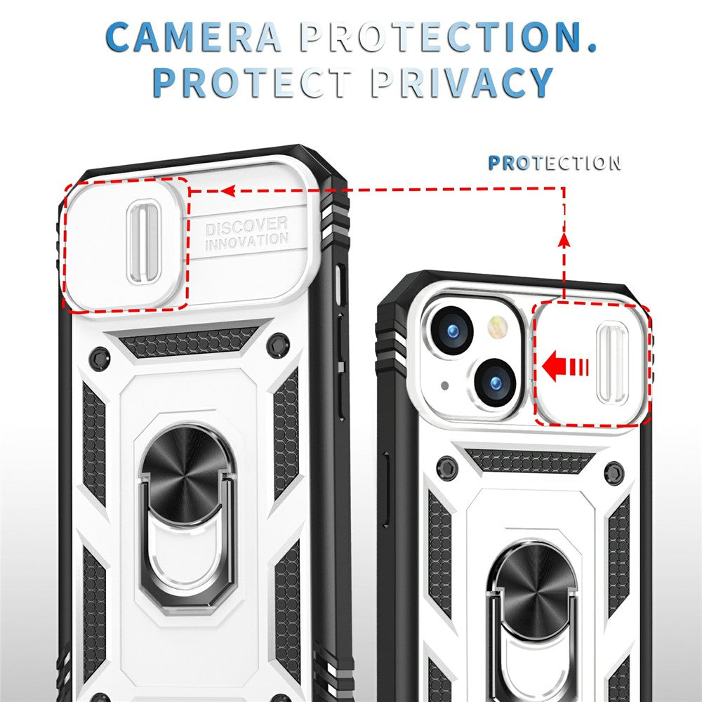 For iPhone 15 Kickstand Phone Case PC+TPU Sliding Camera Protection Cover with Card Slot