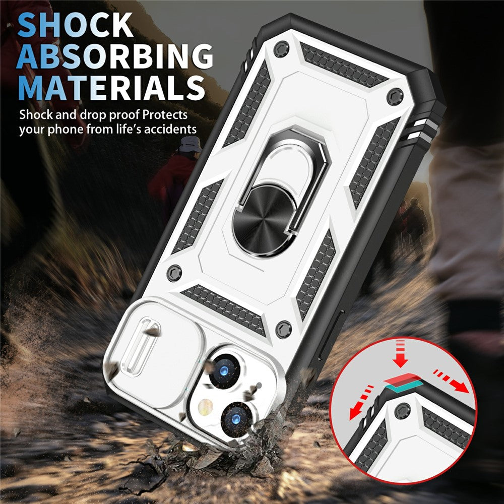 For iPhone 15 Kickstand Phone Case PC+TPU Sliding Camera Protection Cover with Card Slot