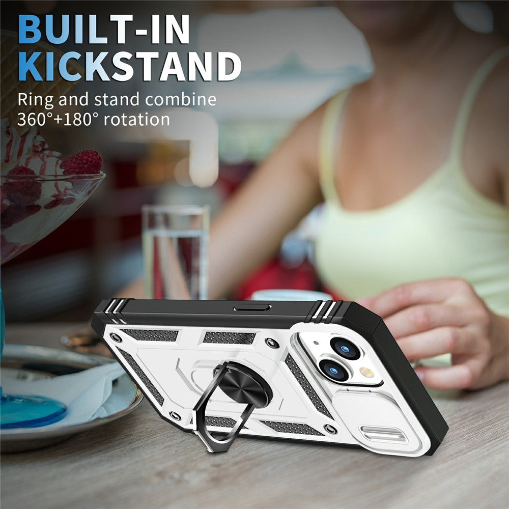 For iPhone 15 Kickstand Phone Case PC+TPU Sliding Camera Protection Cover with Card Slot
