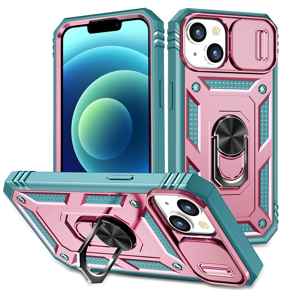 For iPhone 15 Kickstand Phone Case PC+TPU Sliding Camera Protection Cover with Card Slot