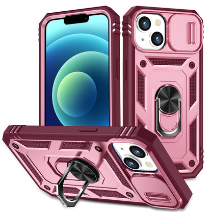 For iPhone 15 Kickstand Phone Case PC+TPU Sliding Camera Protection Cover with Card Slot