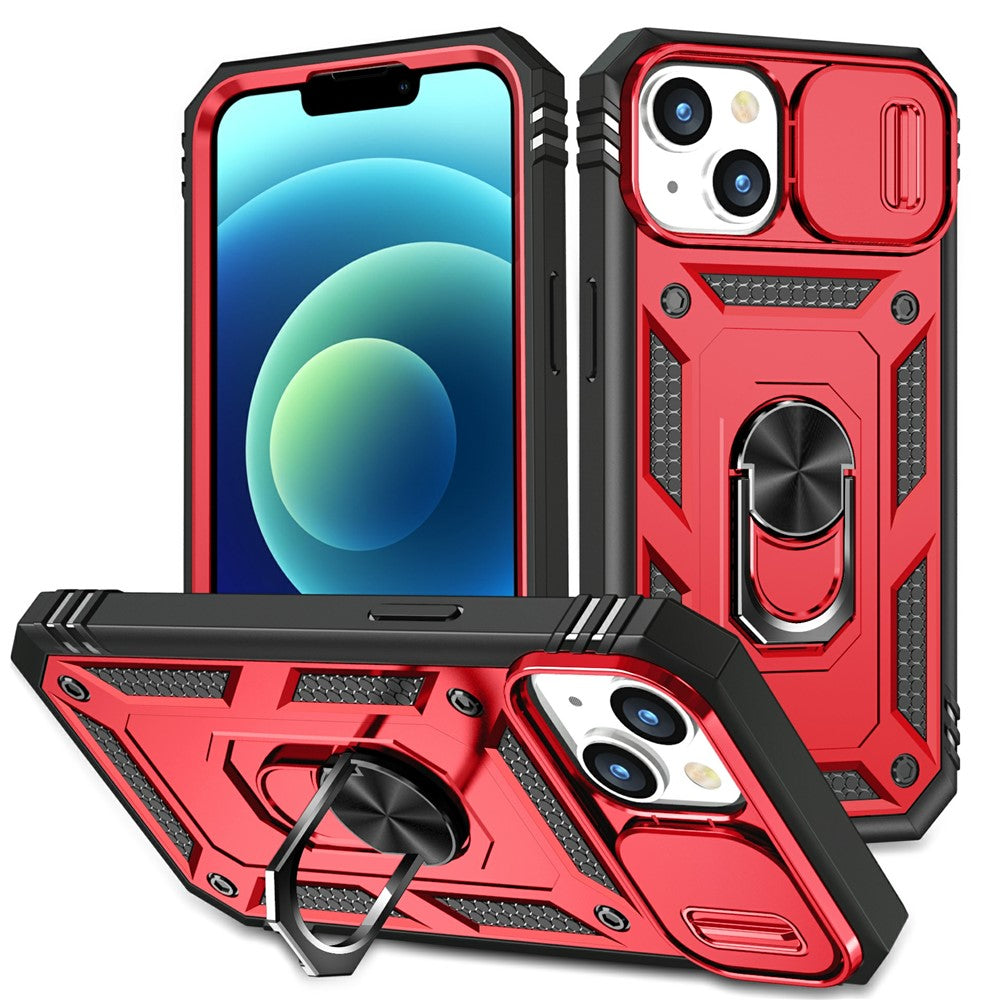 For iPhone 15 Kickstand Phone Case PC+TPU Sliding Camera Protection Cover with Card Slot