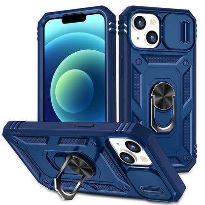 For iPhone 15 Kickstand Phone Case PC+TPU Sliding Camera Protection Cover with Card Slot