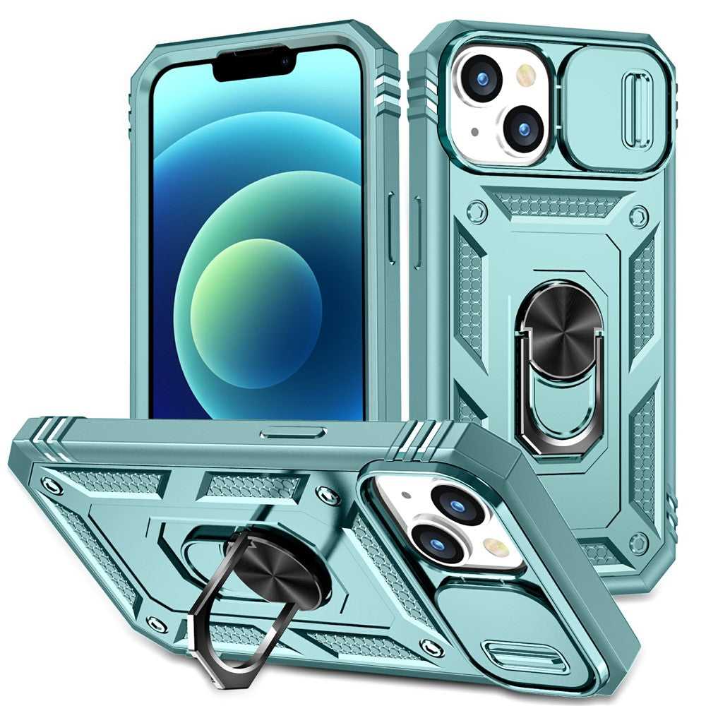 For iPhone 15 Kickstand Phone Case PC+TPU Sliding Camera Protection Cover with Card Slot