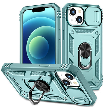 For iPhone 15 Kickstand Phone Case PC+TPU Sliding Camera Protection Cover with Card Slot