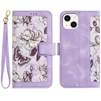 Flower Pattern Printing Leather Case for iPhone 15 , Card Holder Stand Phone Cover