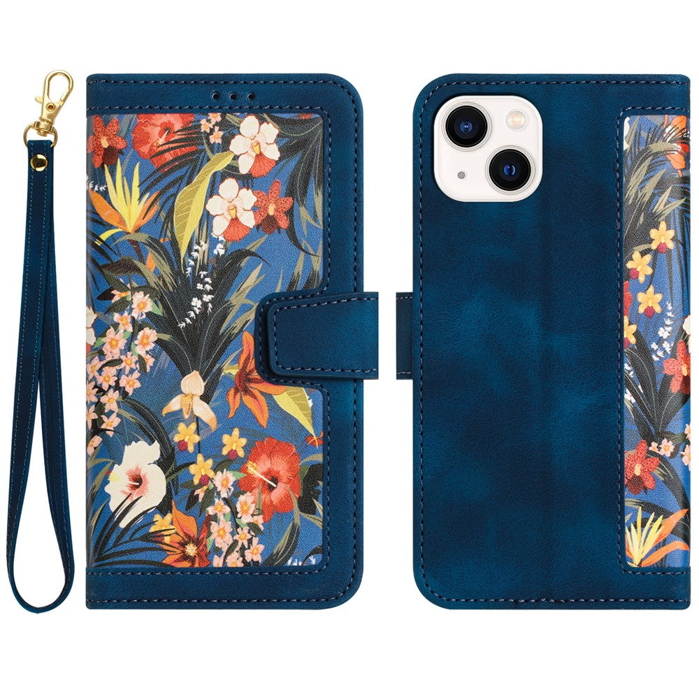 Card Slots Stand Phone Cover for iPhone 15 Plus , Flower Pattern Printing PU Leather Phone Case