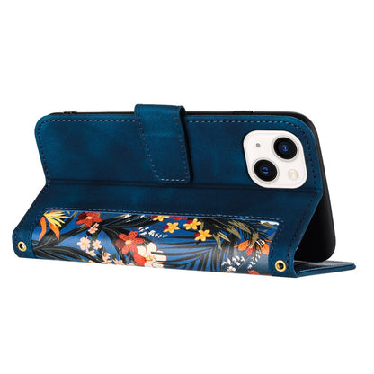 Card Slots Stand Phone Cover for iPhone 15 Plus , Flower Pattern Printing PU Leather Phone Case