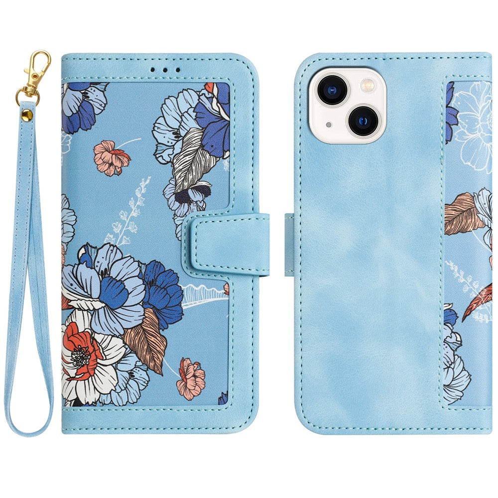 Card Slots Stand Phone Cover for iPhone 15 Plus , Flower Pattern Printing PU Leather Phone Case