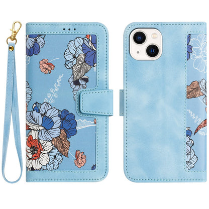 Card Slots Stand Phone Cover for iPhone 15 Plus , Flower Pattern Printing PU Leather Phone Case