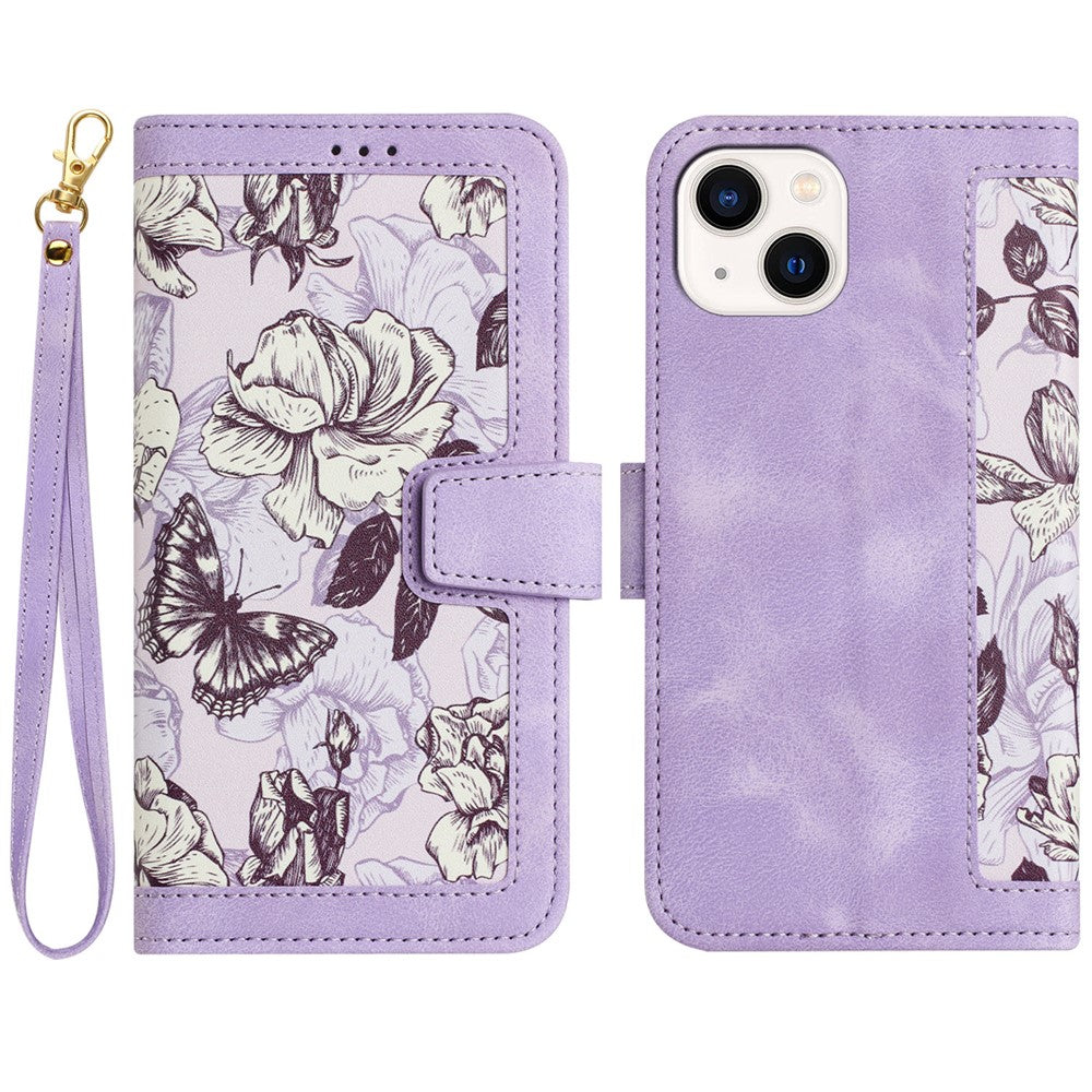 Card Slots Stand Phone Cover for iPhone 15 Plus , Flower Pattern Printing PU Leather Phone Case