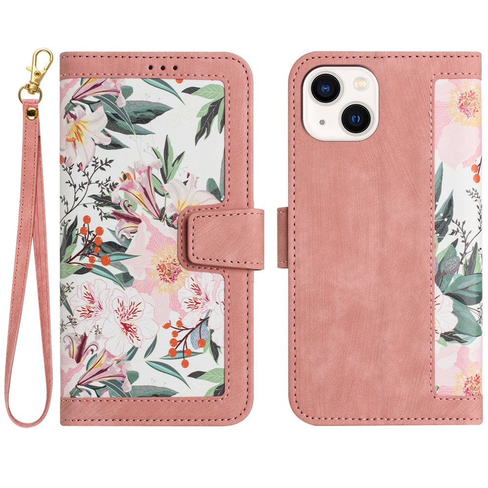 Card Slots Stand Phone Cover for iPhone 15 Plus , Flower Pattern Printing PU Leather Phone Case