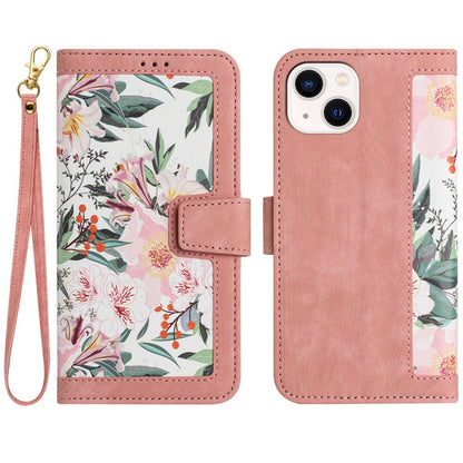 Card Slots Stand Phone Cover for iPhone 15 Plus , Flower Pattern Printing PU Leather Phone Case