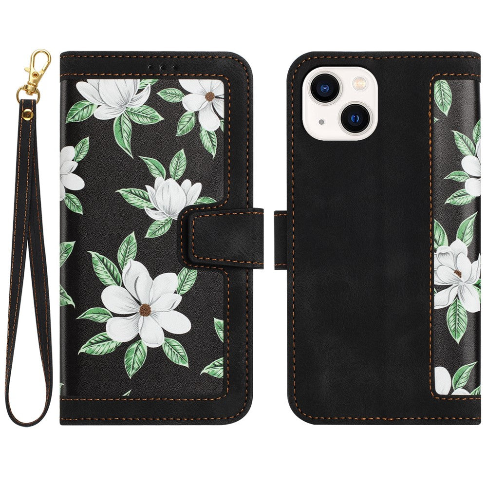 Card Slots Stand Phone Cover for iPhone 15 Plus , Flower Pattern Printing PU Leather Phone Case