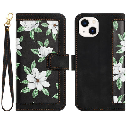 Card Slots Stand Phone Cover for iPhone 15 Plus , Flower Pattern Printing PU Leather Phone Case