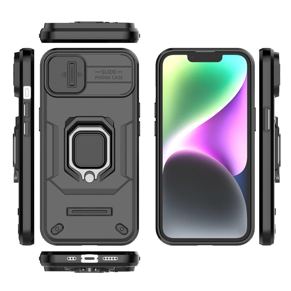 For iPhone 15 PC+TPU Impact-Resistant Phone Case Slide Lens Protection Kickstand Cover