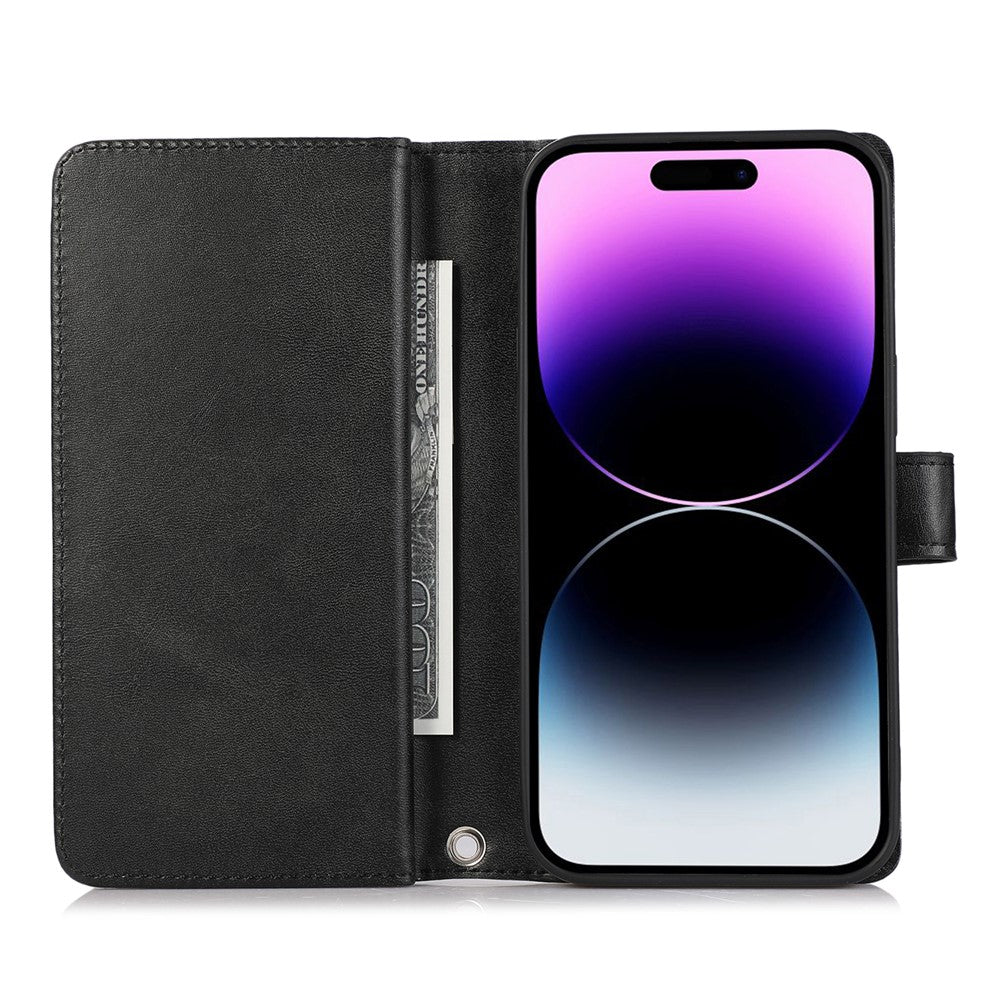 For iPhone 15 Pro Split Leather Stand Cover Multiple Card Slots Wallet  Phone Case with Strap