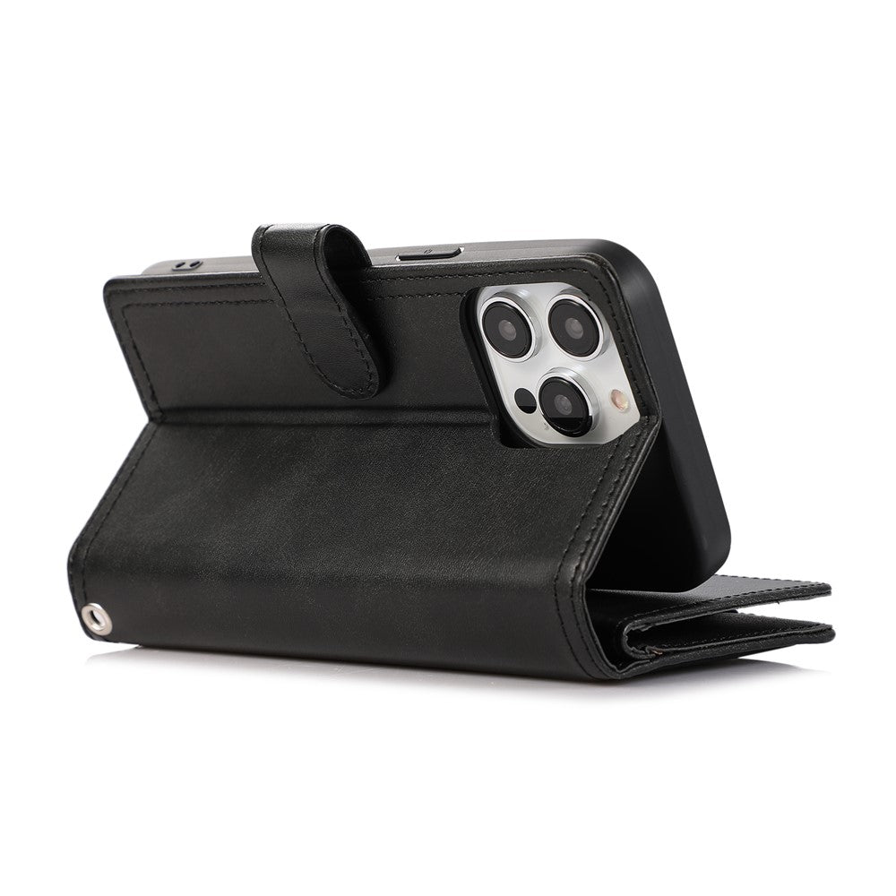 For iPhone 15 Pro Split Leather Stand Cover Multiple Card Slots Wallet  Phone Case with Strap