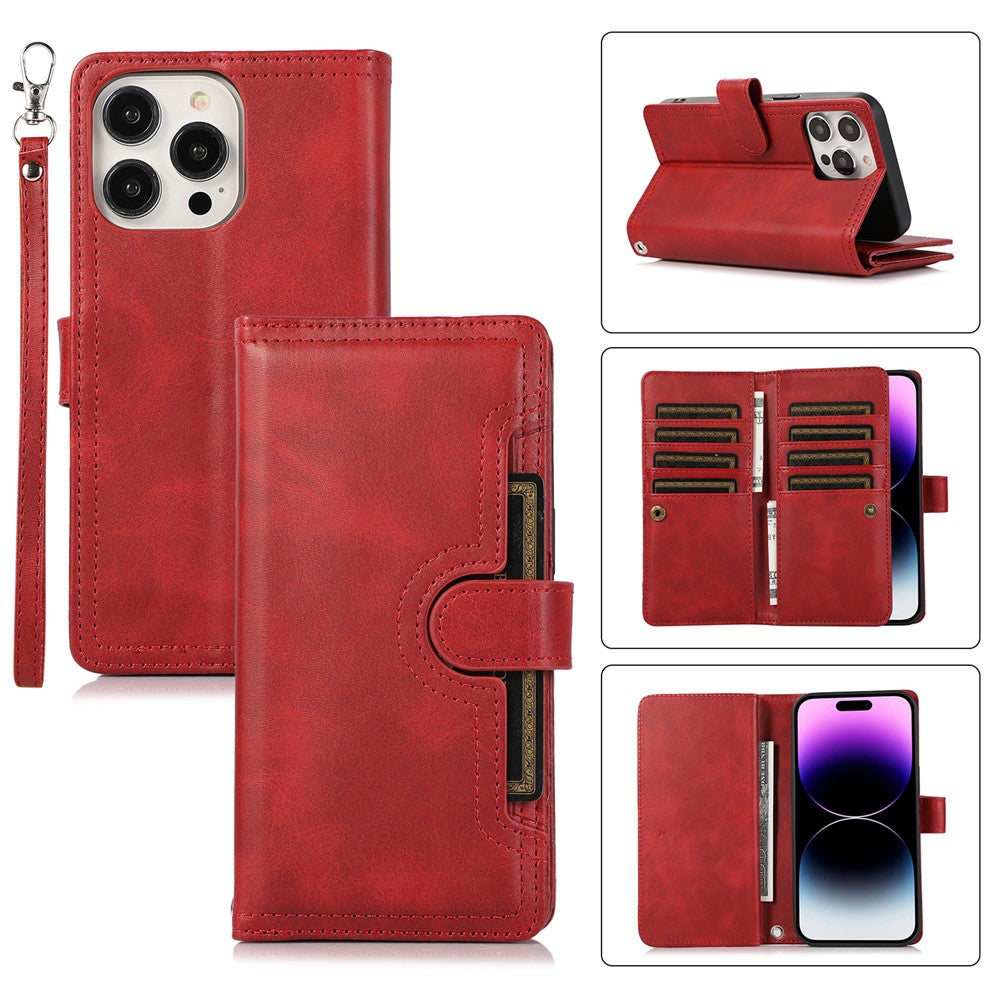 For iPhone 15 Pro Split Leather Stand Cover Multiple Card Slots Wallet  Phone Case with Strap