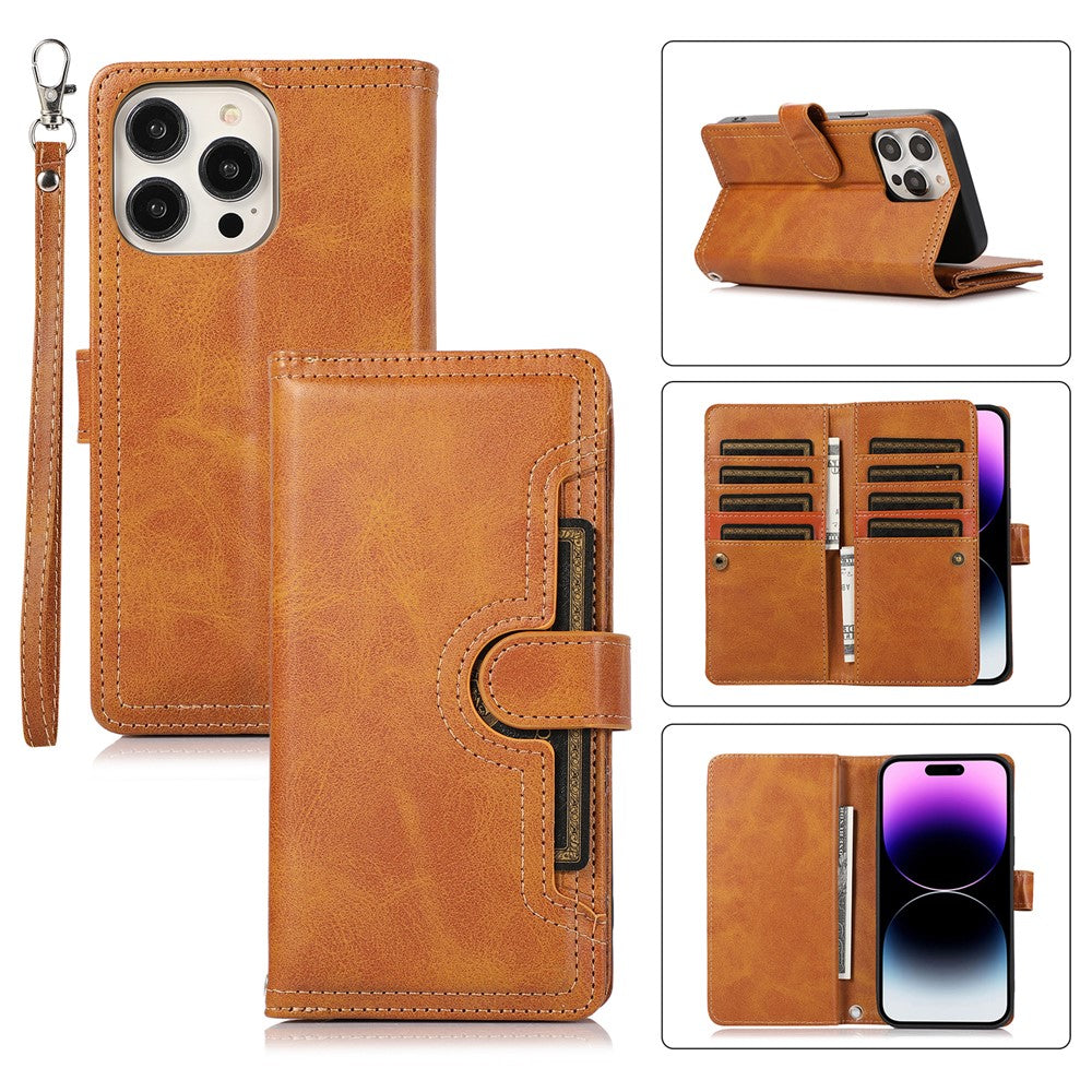 For iPhone 15 Pro Split Leather Stand Cover Multiple Card Slots Wallet  Phone Case with Strap