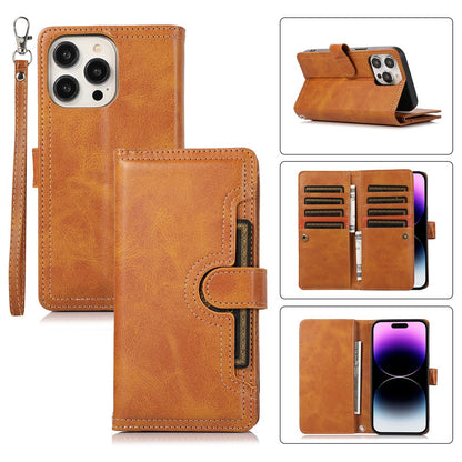 For iPhone 15 Pro Split Leather Stand Cover Multiple Card Slots Wallet  Phone Case with Strap