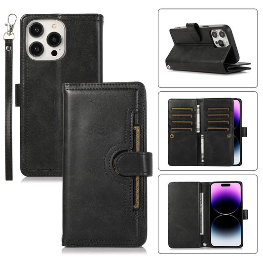 For iPhone 15 Pro Max Split Leather Phone Case Multiple Card Slots Wallet Stand Flip Cover with Strap