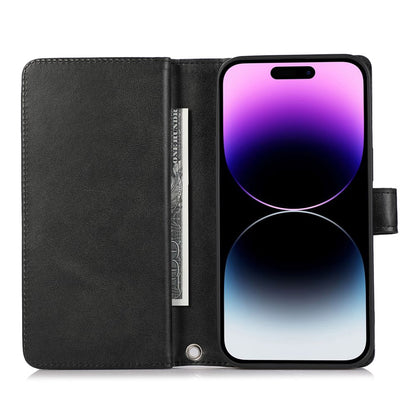 For iPhone 15 Pro Max Split Leather Phone Case Multiple Card Slots Wallet Stand Flip Cover with Strap