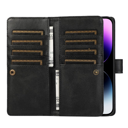 For iPhone 15 Pro Max Split Leather Phone Case Multiple Card Slots Wallet Stand Flip Cover with Strap