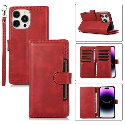 For iPhone 15 Pro Max Split Leather Phone Case Multiple Card Slots Wallet Stand Flip Cover with Strap