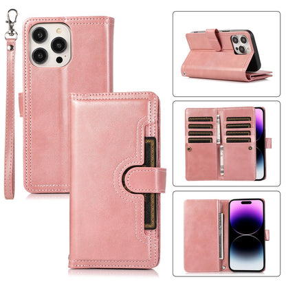 For iPhone 15 Pro Max Split Leather Phone Case Multiple Card Slots Wallet Stand Flip Cover with Strap