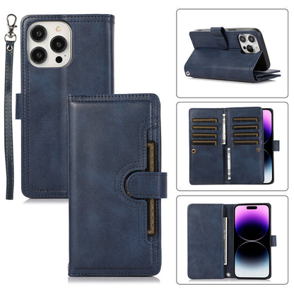 For iPhone 15 Pro Max Split Leather Phone Case Multiple Card Slots Wallet Stand Flip Cover with Strap