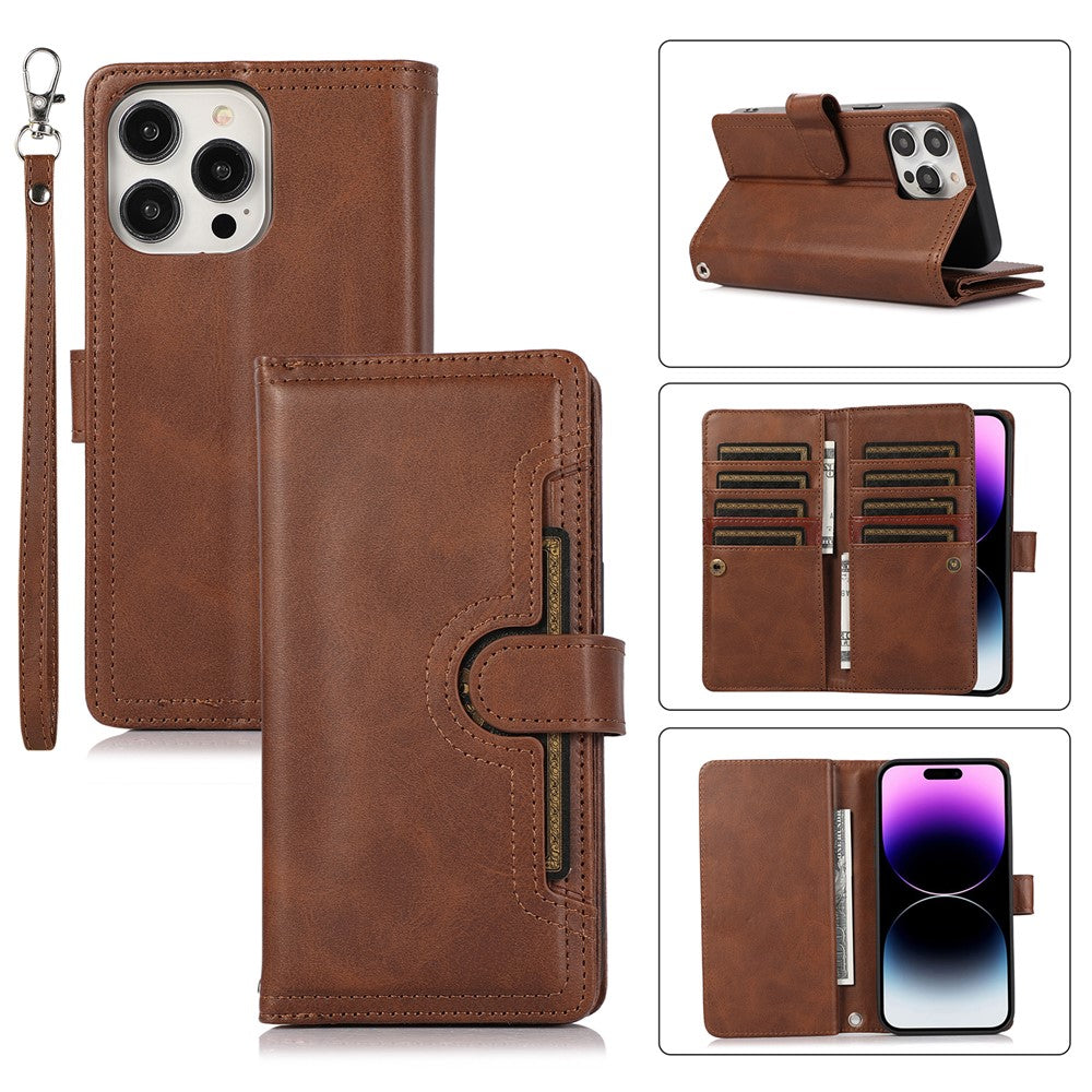 For iPhone 15 Pro Max Split Leather Phone Case Multiple Card Slots Wallet Stand Flip Cover with Strap