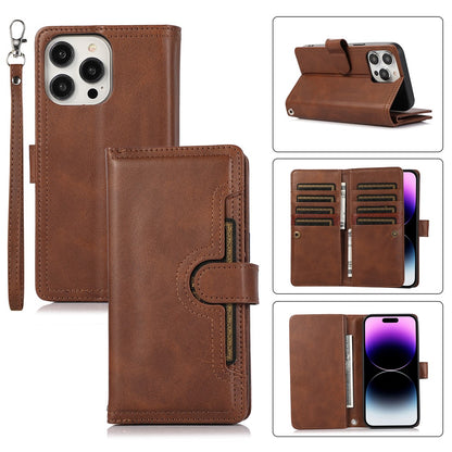 For iPhone 15 Pro Max Split Leather Phone Case Multiple Card Slots Wallet Stand Flip Cover with Strap
