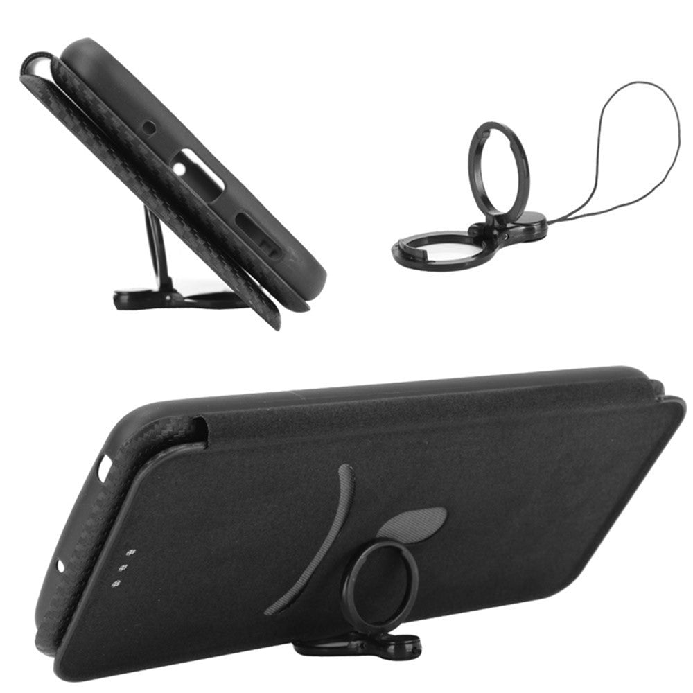 PU Leather Card Holder Phone Case for iPhone 15 Pro , Carbon Fiber Texture Stand Cover