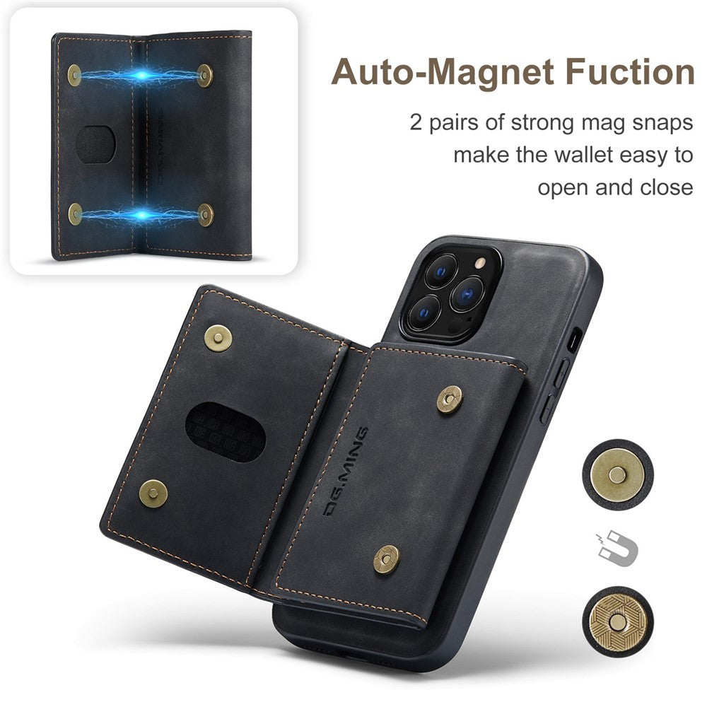 DG.MING M2 Series for iPhone 15 Pro Anti-Drop Kickstand Case PU+PC+TPU Magnetic Wallet Phone Cover