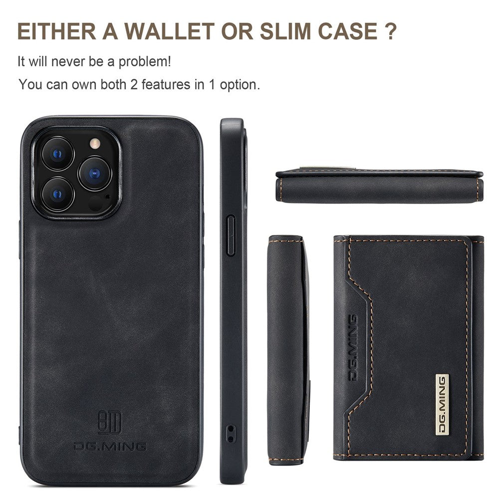 DG.MING M2 Series for iPhone 15 Pro Anti-Drop Kickstand Case PU+PC+TPU Magnetic Wallet Phone Cover