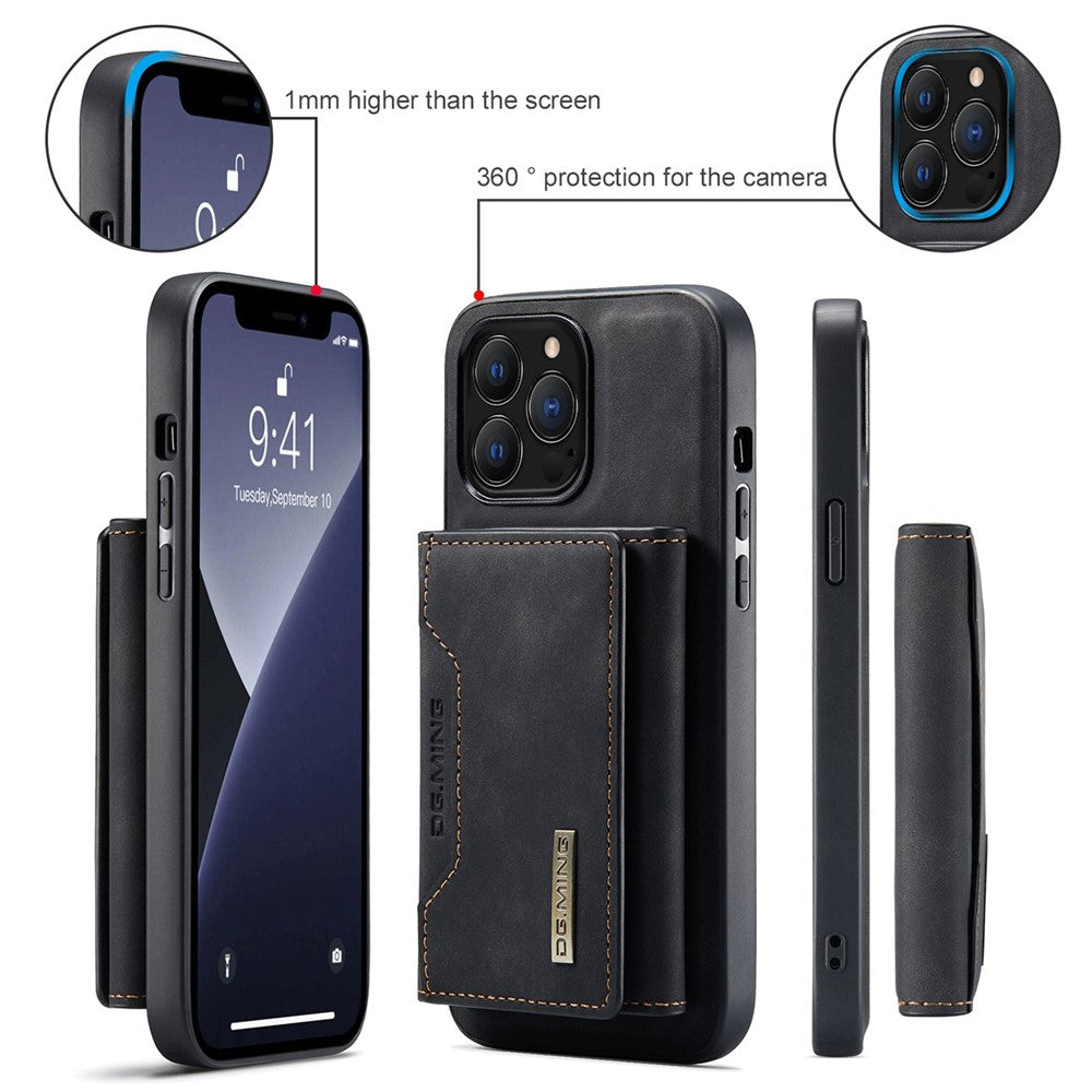 DG.MING M2 Series for iPhone 15 Pro Anti-Drop Kickstand Case PU+PC+TPU Magnetic Wallet Phone Cover