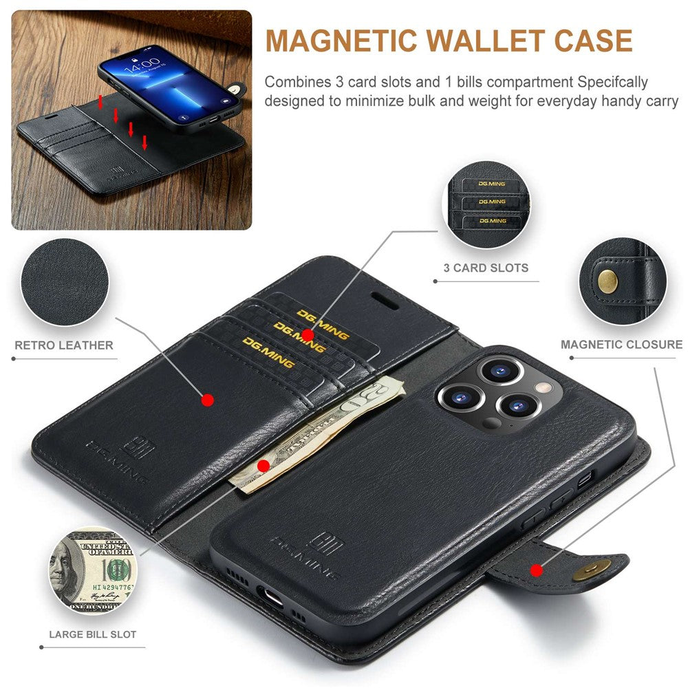 DG.MING For iPhone 15 Pro Phone Case Shockproof Split Leather Detachable Magnetic Phone Shell Wallet Stand Cover