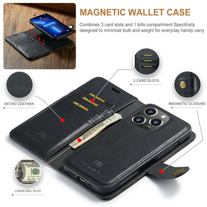 DG.MING For iPhone 15 Pro Max Detachable Magnetic Phone Case Drop Proof Split Leather Wallet Stand Cover