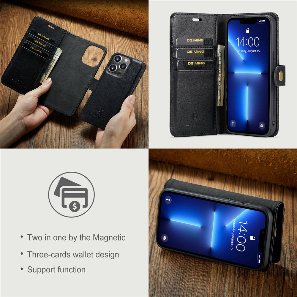 DG.MING For iPhone 15 Pro Max Detachable Magnetic Phone Case Drop Proof Split Leather Wallet Stand Cover
