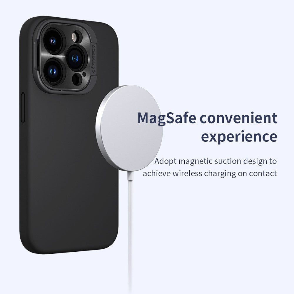 NILLKIN Lenswing Magnetic Phone Case for iPhone 15 Pro , Soft Silicone Camera Lens Frame Kickstand Cover