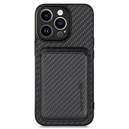 Detachable Magnetic Card Holder Phone Case for iPhone 15 Pro , Carbon Fiber PU Leather Coated PC+TPU Cover